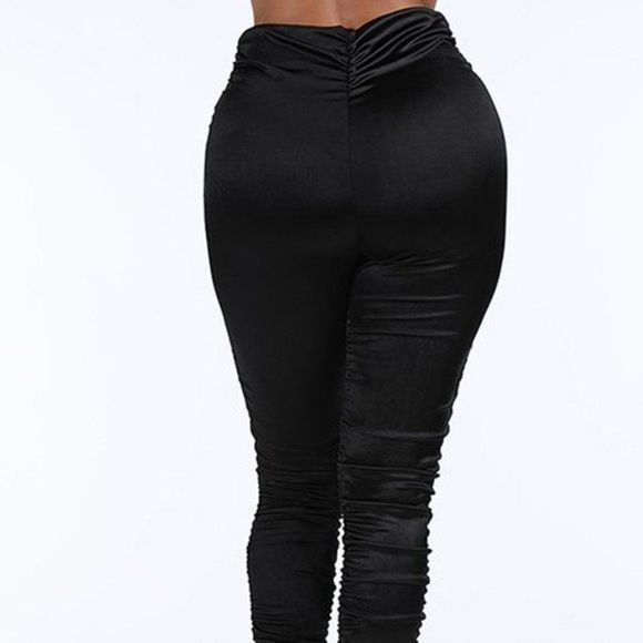 Black High Waist Satin Feel Ruched Leggings - Picture 3 of 3